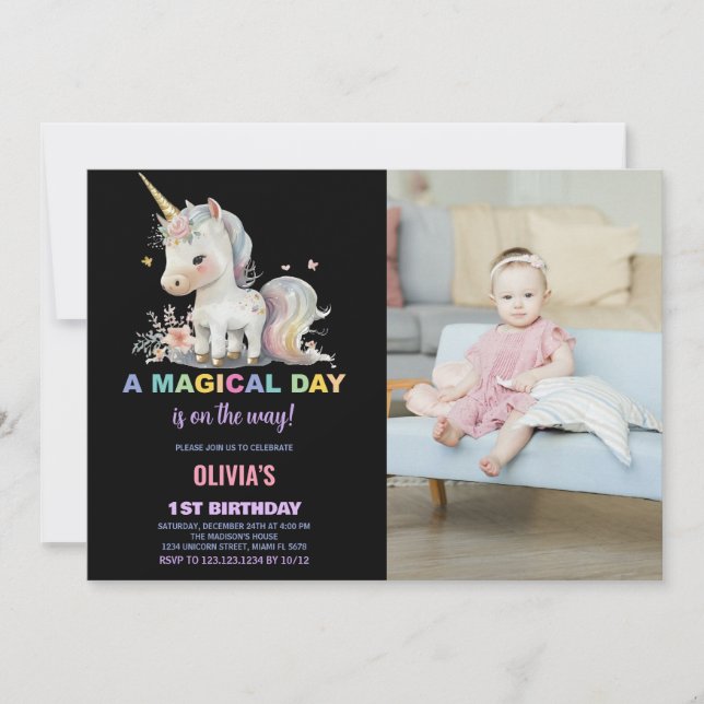 Invitaciones de cumpleaños de Unicornio blanco con (Anverso)