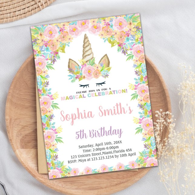 Invitaciones de cumpleaños de Unicornio blanco flo (Floral White Unicorn Birthday Invitations)