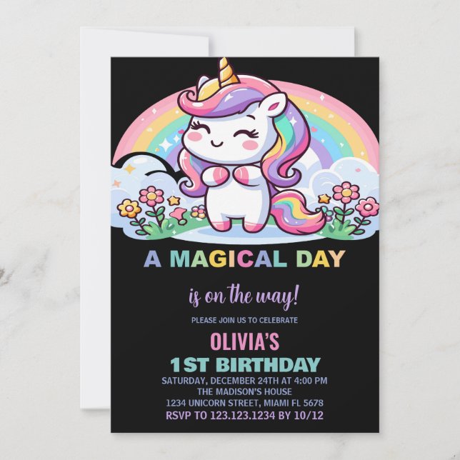 Invitaciones de cumpleaños de Unicornio con arcoir (Anverso)