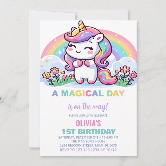 Invitaciones de cumpleaños de Unicornio con arcoir (Anverso)