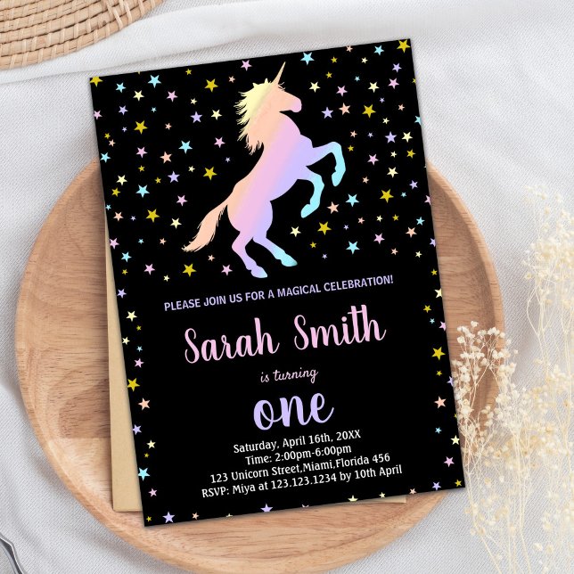 Invitaciones de cumpleaños de Unicornio con arcoir (Black Rainbow Unicorn Birthday Invitations)
