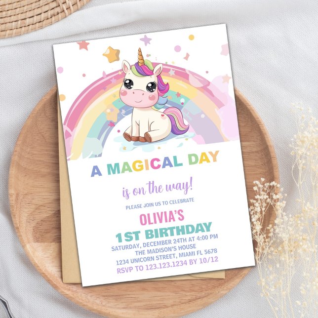 Invitaciones de cumpleaños de Unicornio con arcoir (Little Rainbow Unicorn Birthday Invitations)