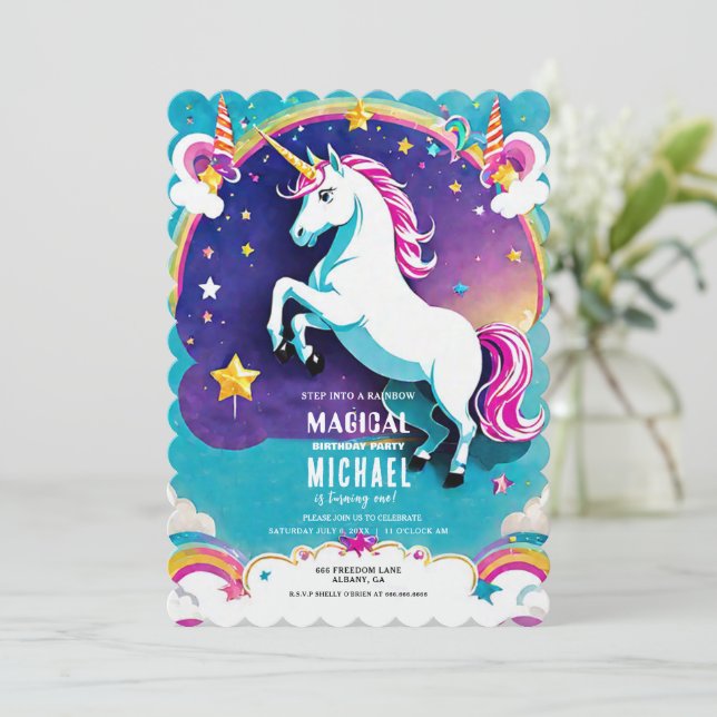Invitaciones de cumpleaños de Unicornio con arcoir (Anverso de pie)