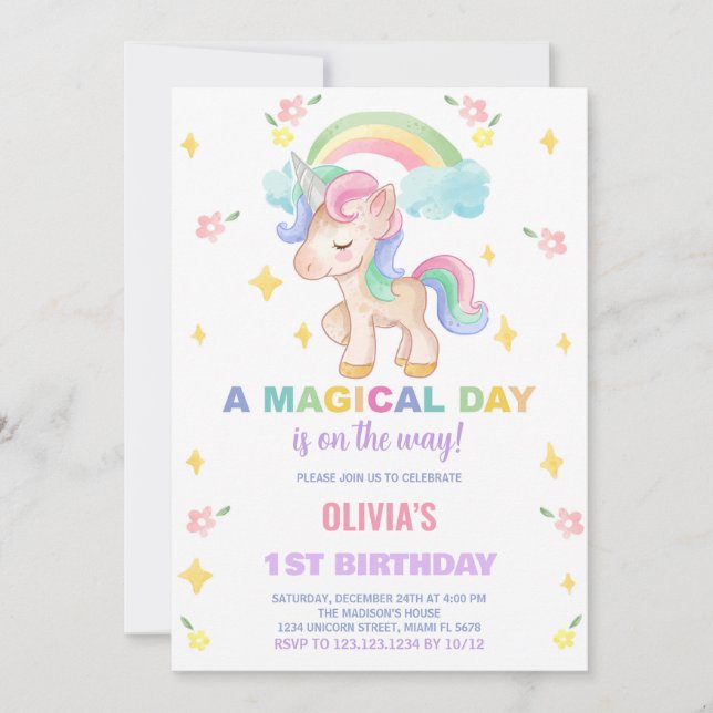 Invitaciones de cumpleaños de Unicornio con arcos  (Anverso)