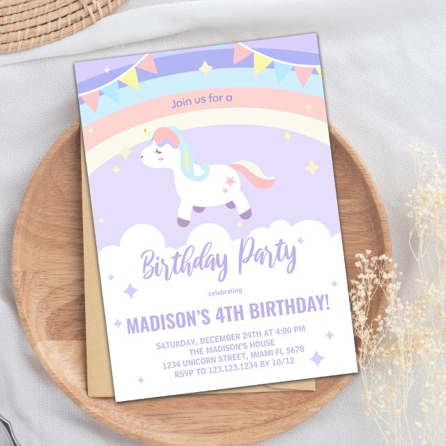 Invitaciones de cumpleaños de Unicornio con el arc (Purple Rainbow Unicorn Birthday Invitations)