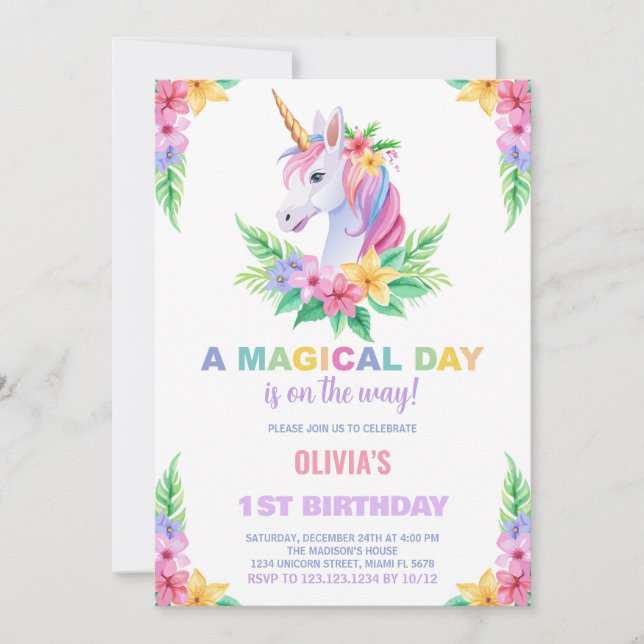 Invitaciones de cumpleaños de Unicornio con florac (Anverso)