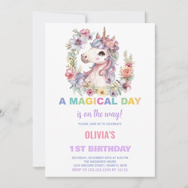Invitaciones de cumpleaños de unicornio con flores (Anverso)