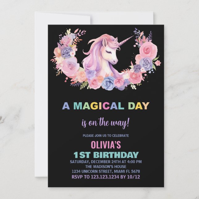 Invitaciones de cumpleaños de Unicornio con flores (Anverso)