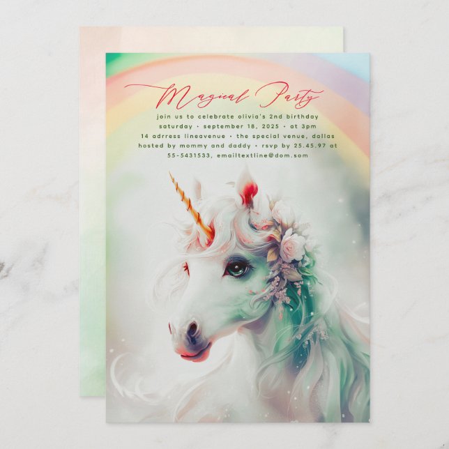 Invitaciones de cumpleaños de unicornio con flores (Anverso / Reverso)