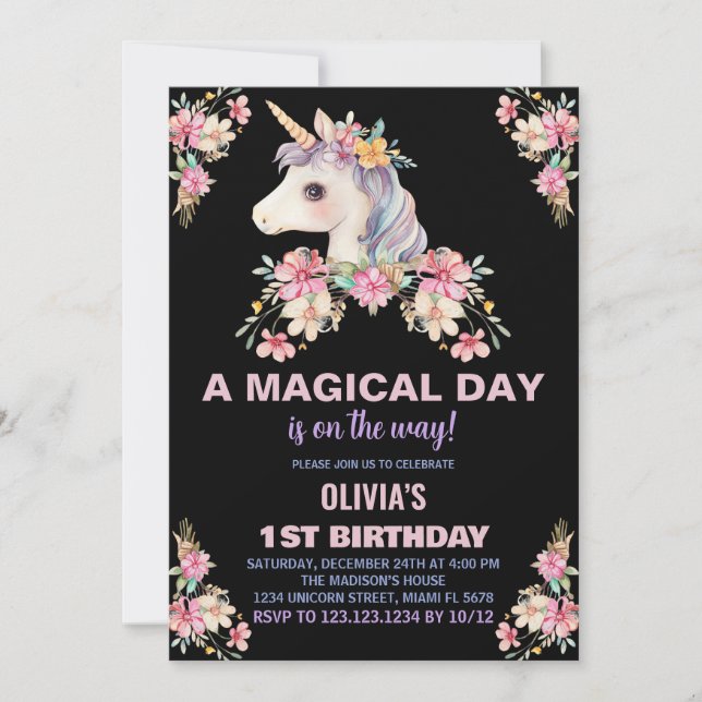 Invitaciones de cumpleaños de Unicornio con flores (Anverso)