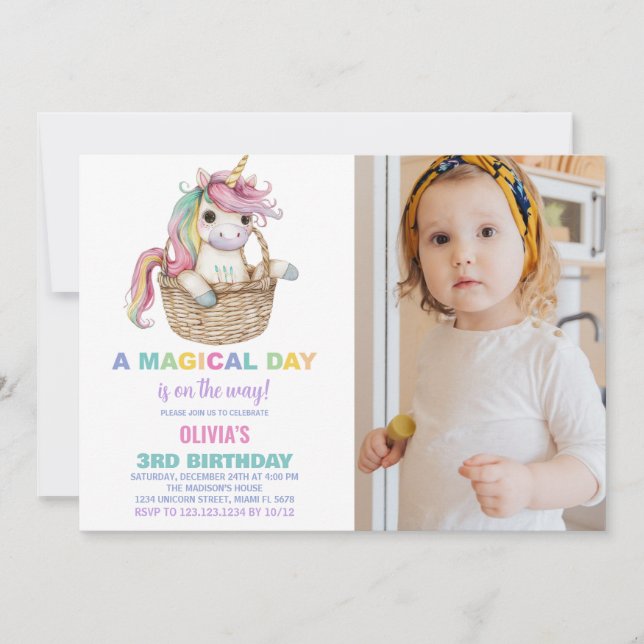 Invitaciones de cumpleaños de Unicornio con foto (Anverso)