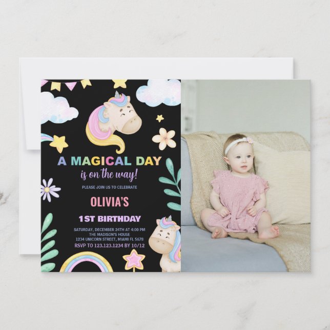 Invitaciones de cumpleaños de Unicornio con foto (Anverso)