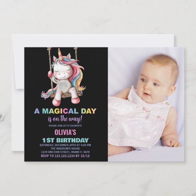 Invitaciones de cumpleaños de Unicornio con foto (Anverso)