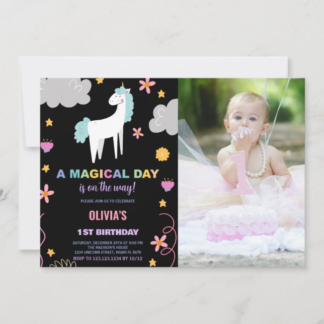Invitaciones de cumpleaños de Unicornio con foto (Anverso)