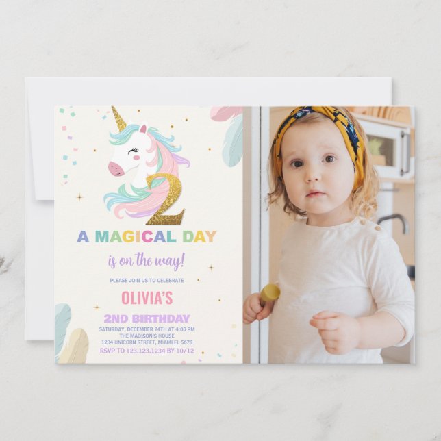 Invitaciones de cumpleaños de Unicornio con foto (Anverso)