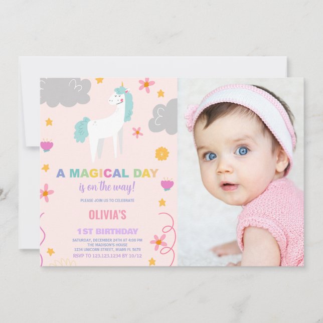 Invitaciones de cumpleaños de Unicornio con foto (Anverso)