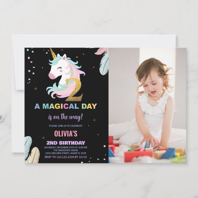 Invitaciones de cumpleaños de Unicornio con foto (Anverso)