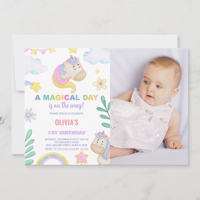 Invitaciones de cumpleaños de Unicornio con foto (Anverso)