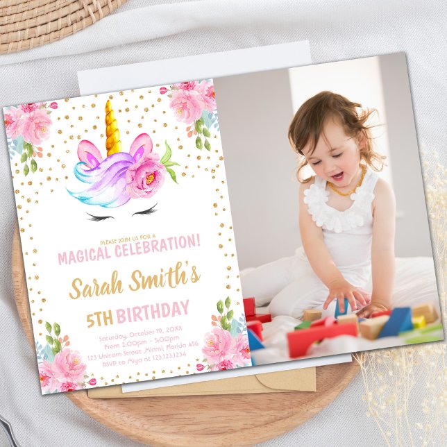 Invitaciones de cumpleaños de Unicornio con foto (Unicorn birthday birthday invitations with photo)