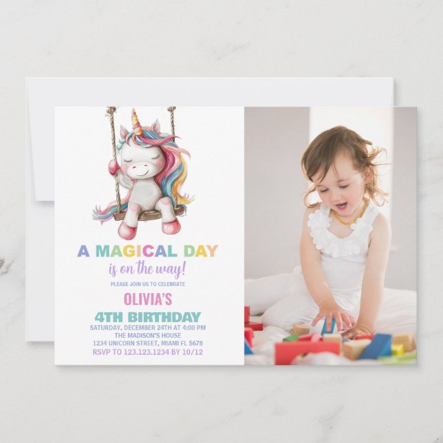 Invitaciones de cumpleaños de Unicornio con foto (Anverso)