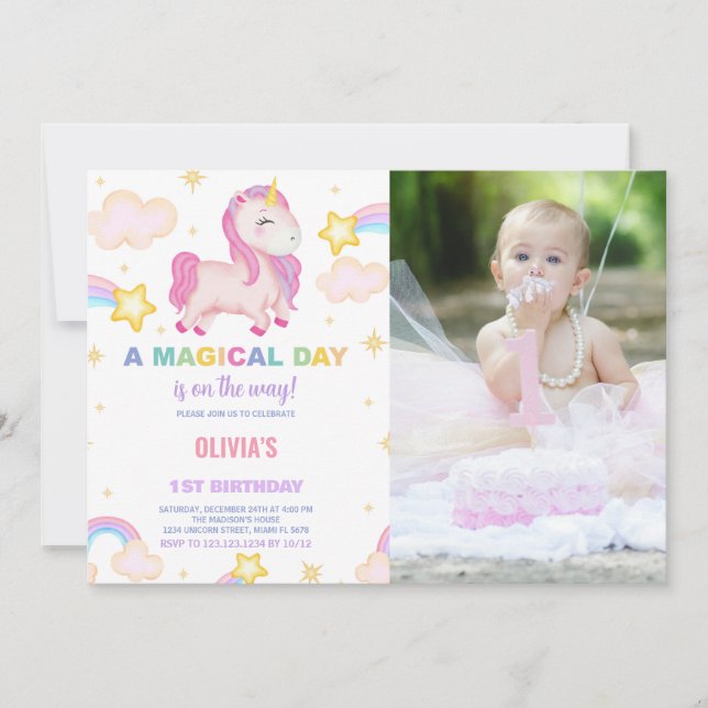 Invitaciones de cumpleaños de Unicornio con fotos (Anverso)