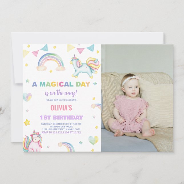 Invitaciones de cumpleaños de Unicornio con fotos (Anverso)