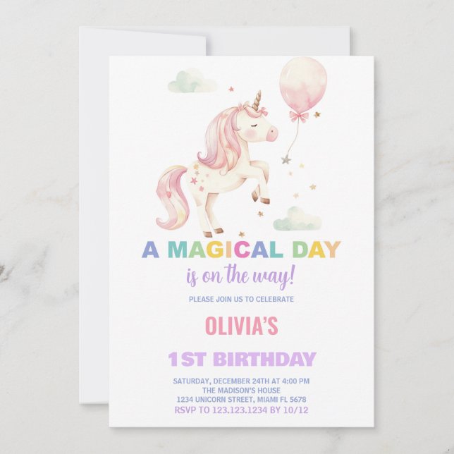 Invitaciones de cumpleaños de Unicornio con globo  (Anverso)