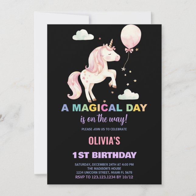 Invitaciones de cumpleaños de Unicornio con globo  (Anverso)