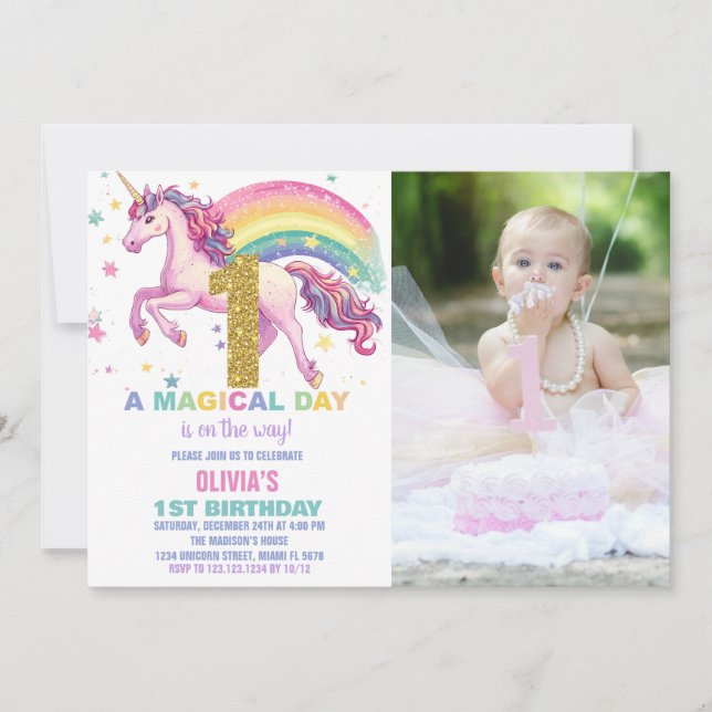 Invitaciones de cumpleaños de Unicornio con imagen (Anverso)