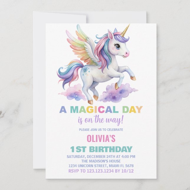 Invitaciones de cumpleaños de Unicornio en la nube (Anverso)