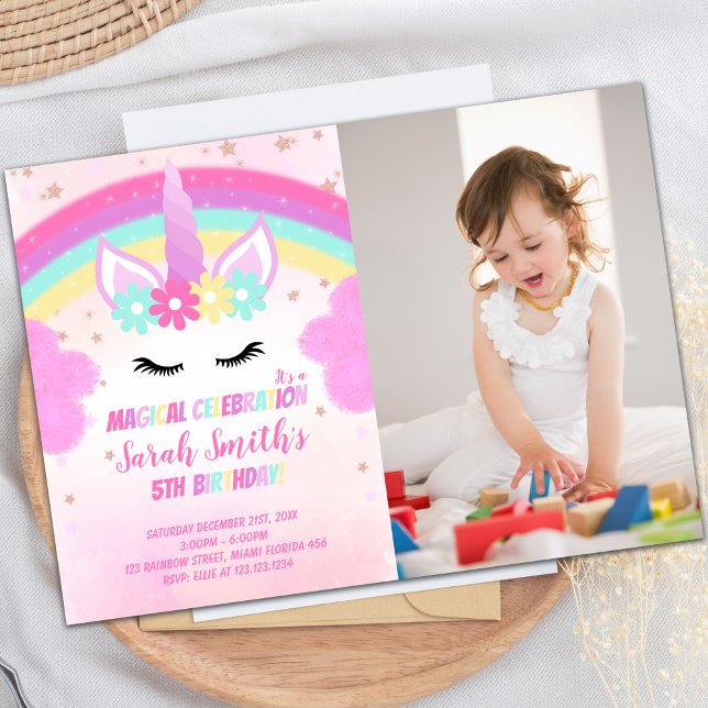 Invitaciones de cumpleaños de Unicornio en la nube (Photo Pink Cloud Unicorn Birthday Invitations)
