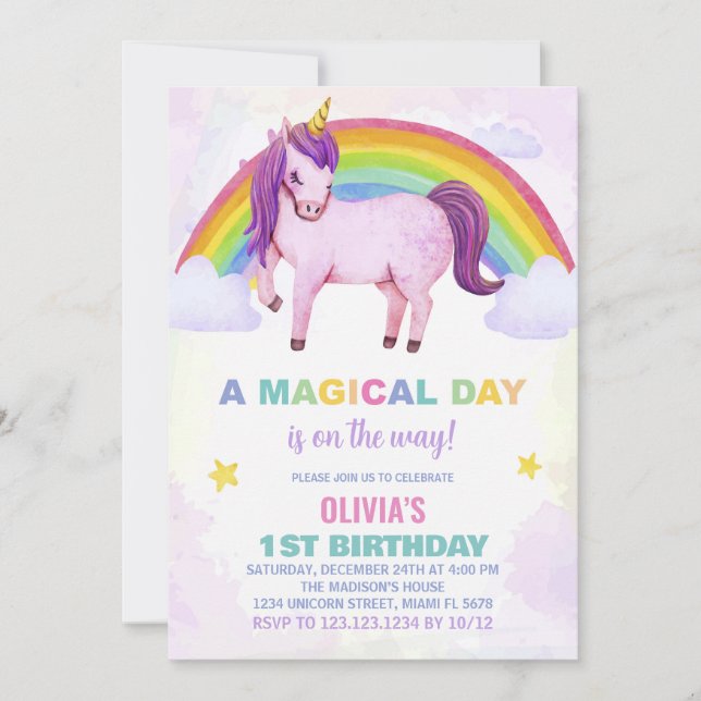 Invitaciones de cumpleaños de Unicornio en la nube (Anverso)