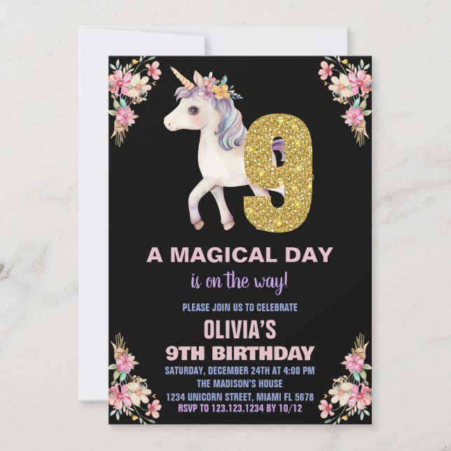 Invitaciones de cumpleaños de Unicornio Floral (Anverso)