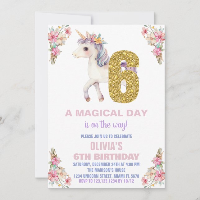 Invitaciones de cumpleaños de Unicornio Floral (Anverso)