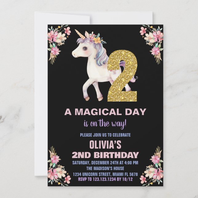 Invitaciones de cumpleaños de Unicornio Floral (Anverso)