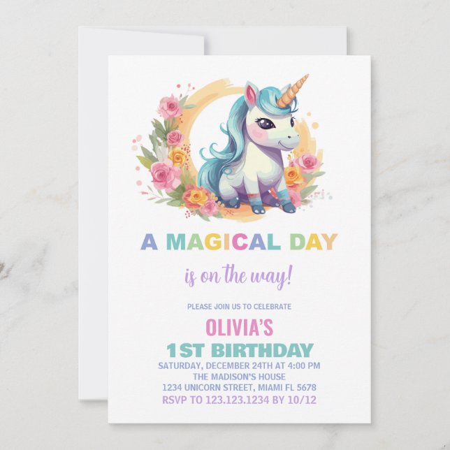 Invitaciones de cumpleaños de Unicornio Floral (Anverso)