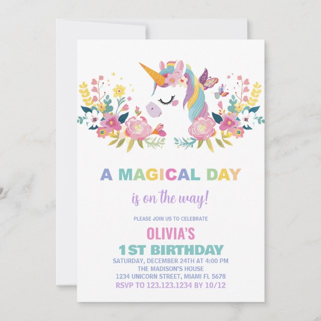 Invitaciones de cumpleaños de Unicornio Floral (Anverso)