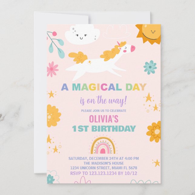 Invitaciones de cumpleaños de Unicornio Floral (Anverso)