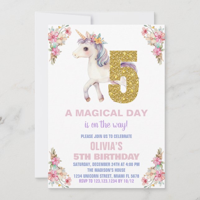 Invitaciones de cumpleaños de Unicornio Floral (Anverso)