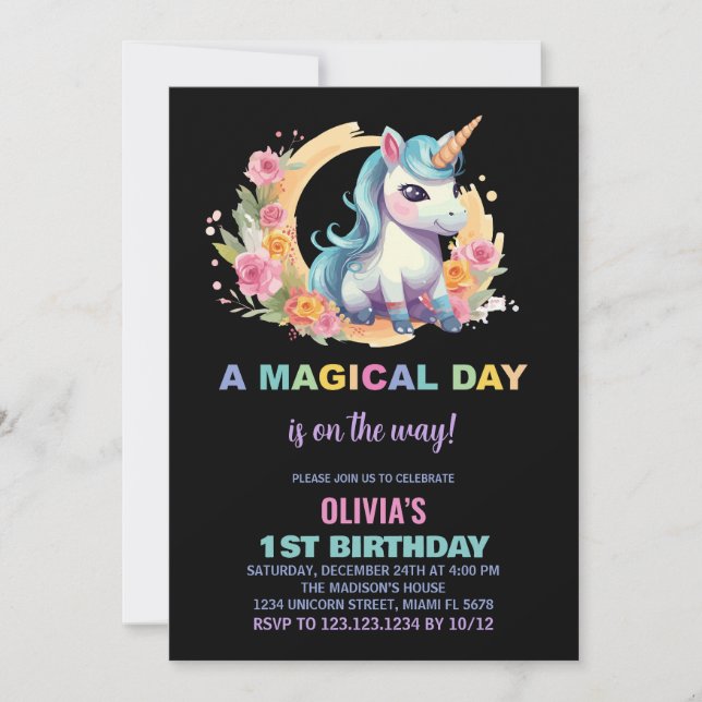 Invitaciones de cumpleaños de Unicornio Floral (Anverso)