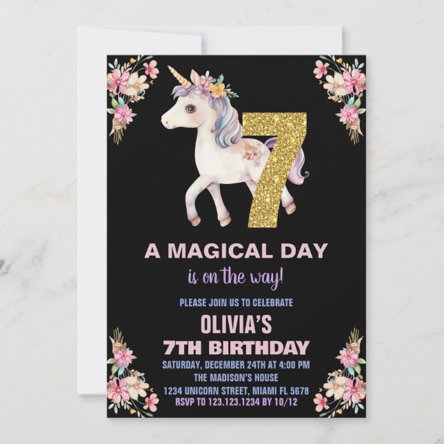 Invitaciones de cumpleaños de Unicornio Floral (Anverso)
