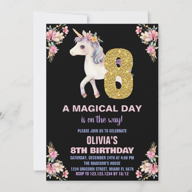 Invitaciones de cumpleaños de Unicornio Floral (Anverso)