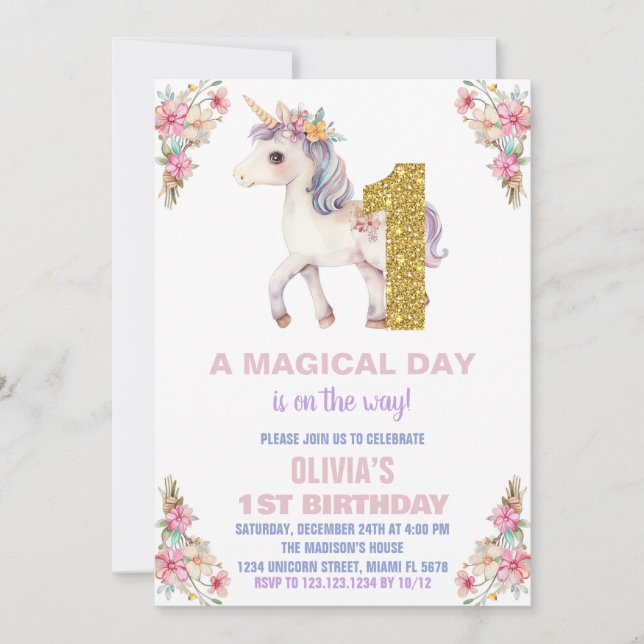 Invitaciones de cumpleaños de Unicornio Floral (Anverso)