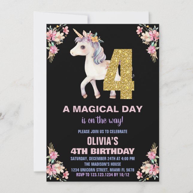 Invitaciones de cumpleaños de Unicornio Floral (Anverso)