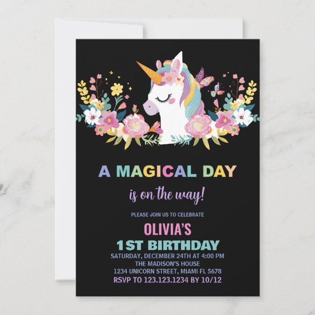 Invitaciones de cumpleaños de Unicornio Floral (Anverso)