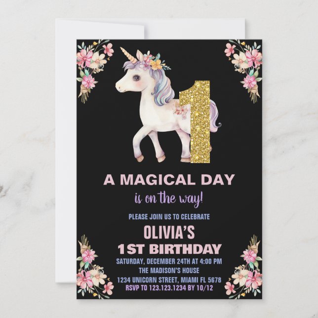 Invitaciones de cumpleaños de Unicornio Floral (Anverso)