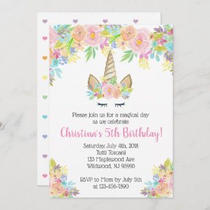 Invitaciones de cumpleaños de unicornio floral a C