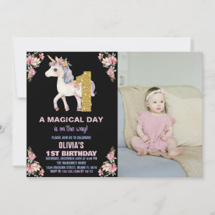 Invitaciones de cumpleaños de Unicornio florales c