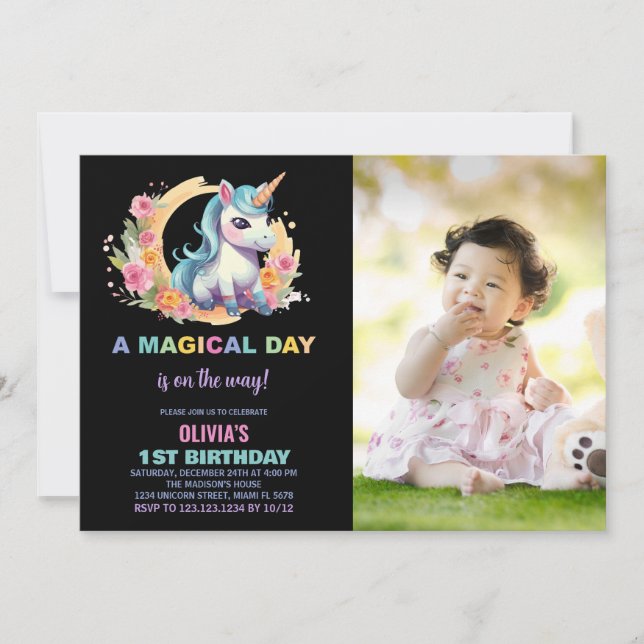 Invitaciones de cumpleaños de Unicornio florales c (Anverso)