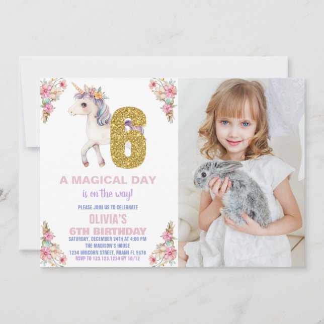 Invitaciones de cumpleaños de Unicornio florales c (Anverso)